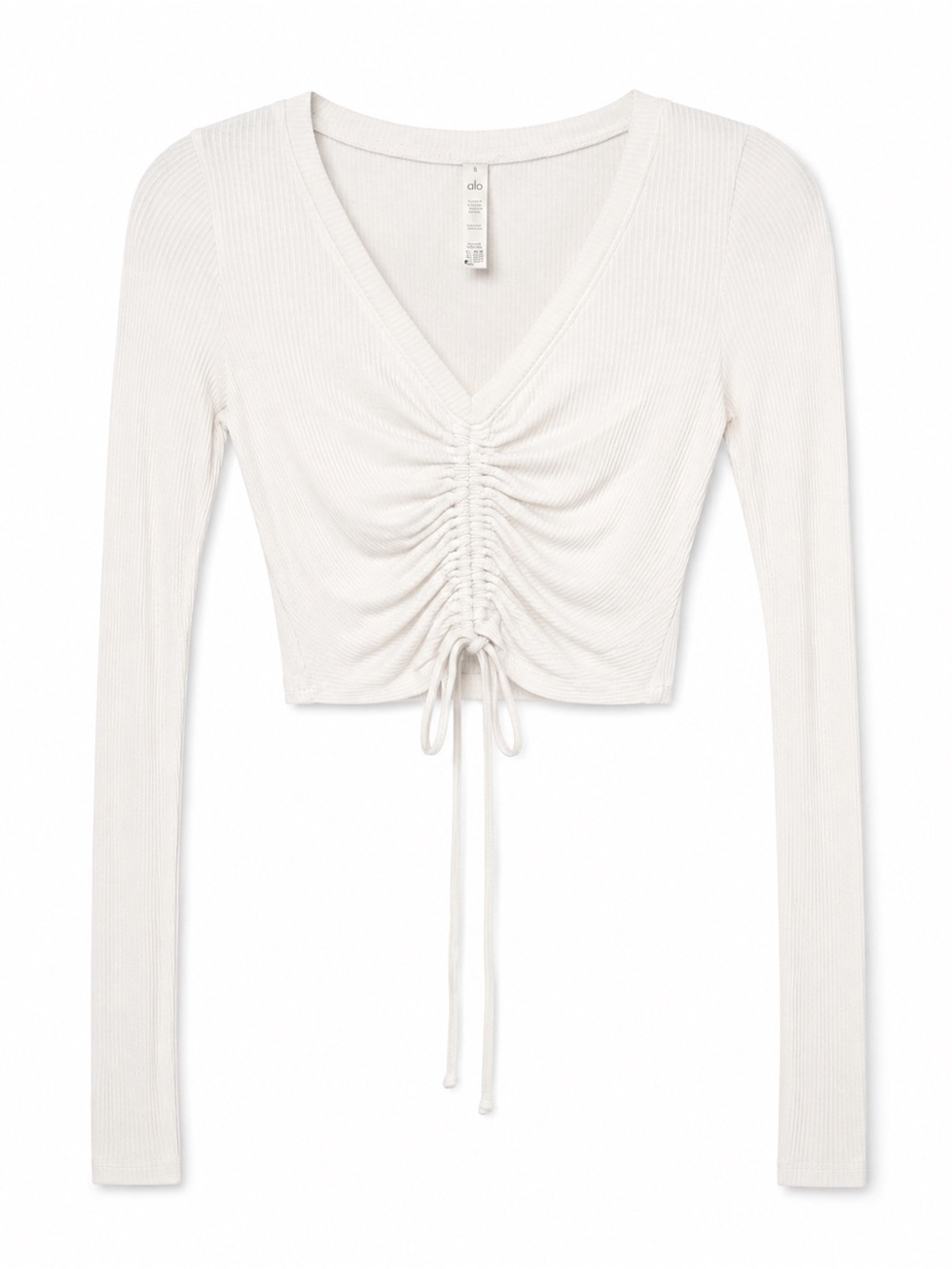 Alo Yoga Ivory Ribbed Ruched Long Sleeve Crop Top Size Small